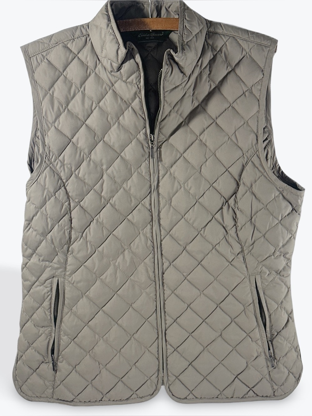 Eddie Bauer Quilted Women's Vest in Taupe Tan Gray Zip Front with pockets large